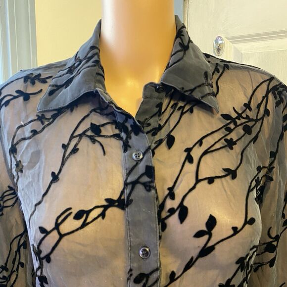 Express Burnout Velvet SilkRayon ButtonShirt Women 5/6 BlackSheer Whimsigoth Y2K - Picture 8 of 11